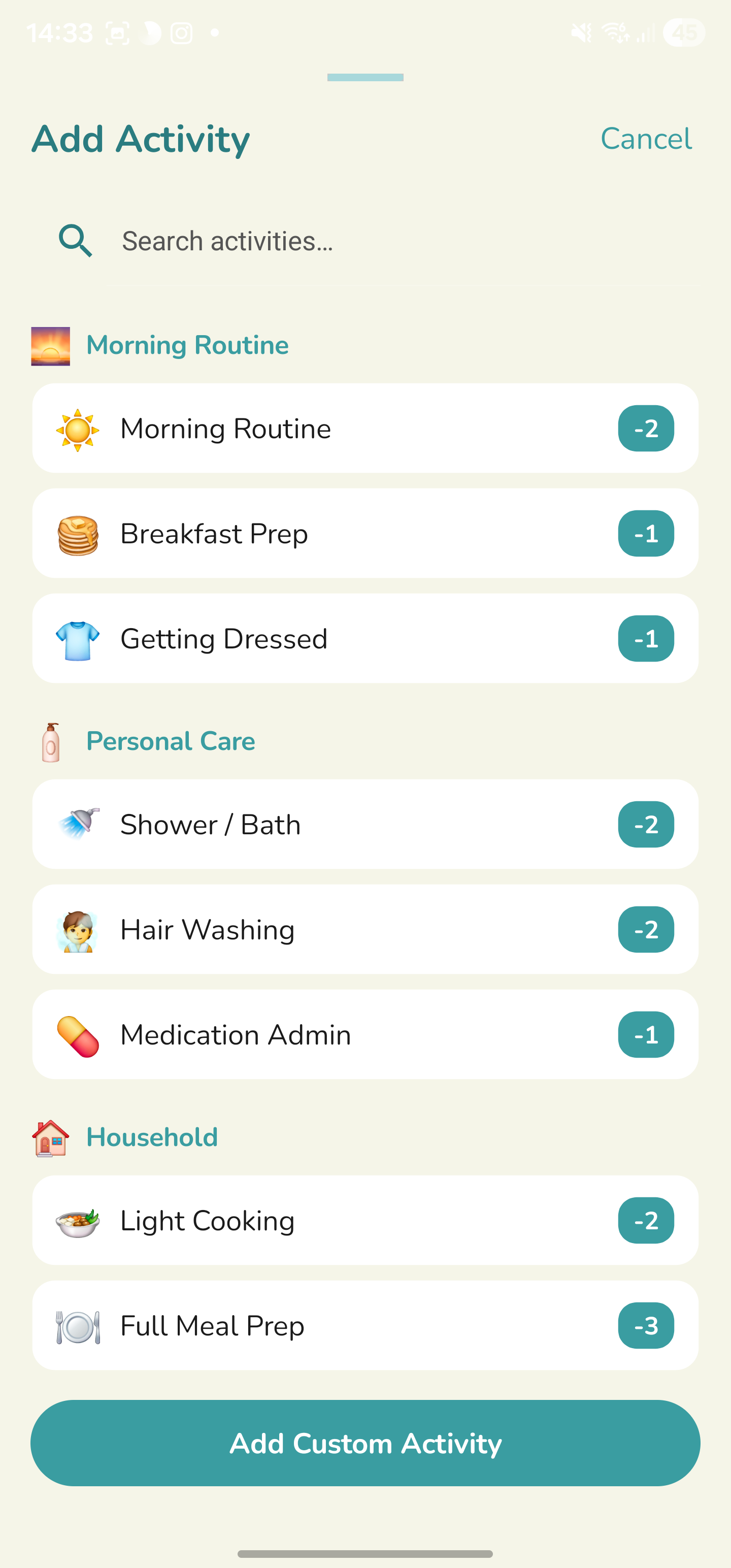 SilverWare activity screen